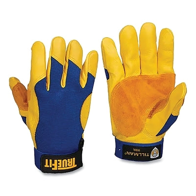 TrueFit Leather-Palm Gloves, 1480, Deerskin/Rough Side Out Deerskin Palm/Spandex BOH, Lg, Tan/Blue