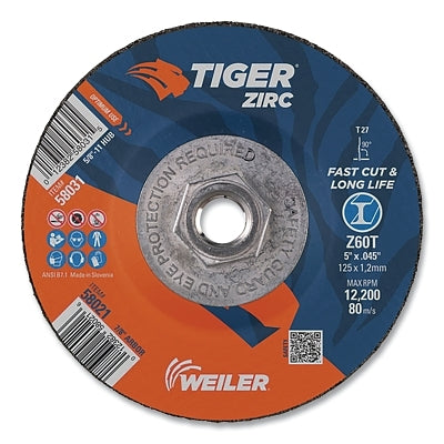 Tiger Zirc Cutting Wheel, 5 in dia, 0.045 in Thick, 5/8 in-11 UNC Arbor, Zirconia Alumina,Type 27, Z60T