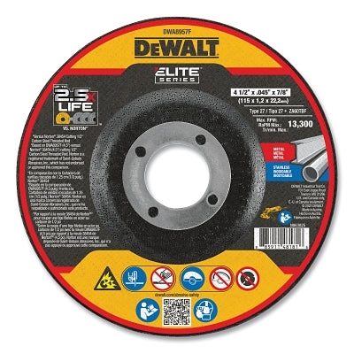 Elite Series Cutting Wheel, Type 27, 4-1/2 in dia, 0.045 in Thick, 7/8 in Arbor Hole, 46 Grit, Ceramic, 13300 RPM