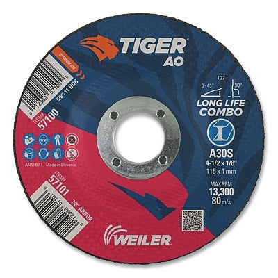 Tiger AO Type 27 Cut/Grind Combo Wheel, 4-1/2 in dia x 1/8 in Thick, 7/8 in dia Arbor, A30S