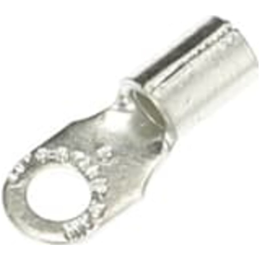 Non-Insulated Ring Terminal, Length .82 Inches, Width .31 Inches, Bolt Hole  8, Wire Range  12- 10 AWG, Copper, Tin Plated