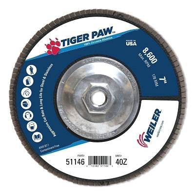 Tiger Paw TY29 Coated Abrasive Flap Discs, 7", 40 Grit, 5/8 Arbor, 8,600 RPM