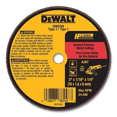 Die Grinder Wheel, 3 in dia, 1/4 in Arbor, 36 Grit, Aluminum Oxide, 24400 RPM, 0.063 in Thick