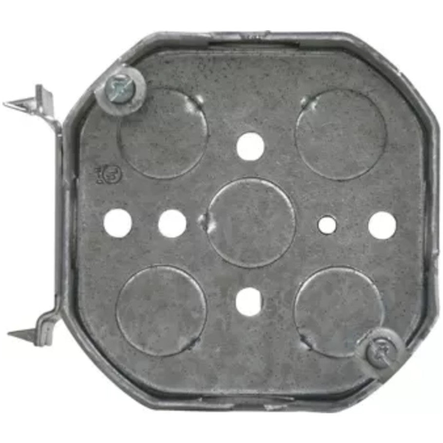 Octagon 4 in. Dia. Outlet Box, Steel, Fixture Rated, 1-1/2 in. D, (4) 1/2 in. Side KO, (5) 1/2 in. Bottom KO, C Bracket