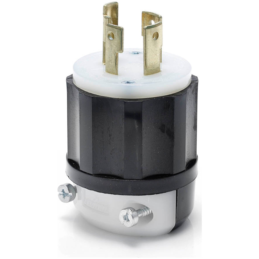 Black   White Locking Blade Plug, Industrial Grade, 30A 3-Phase 250V, 3P4W, Black and White