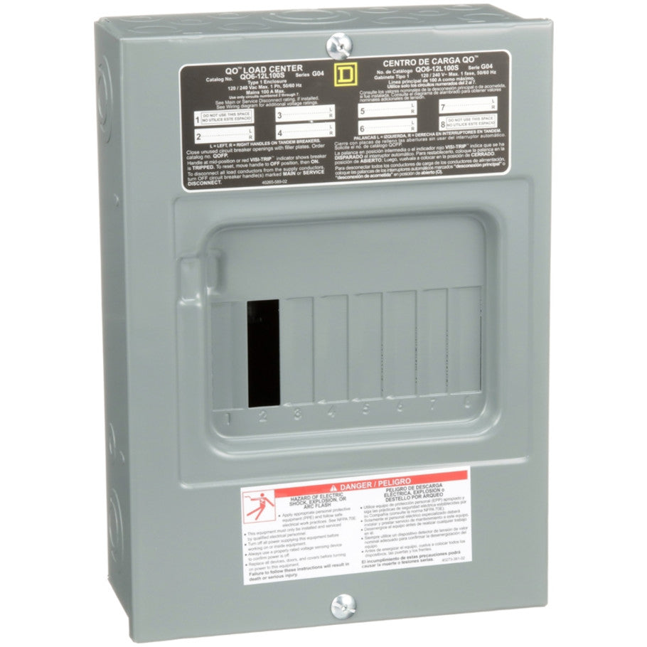 Load center, QO, 1 phase, 6 spaces, 12 circuits, 100A fixed main lugs, NEMA1, surface cover